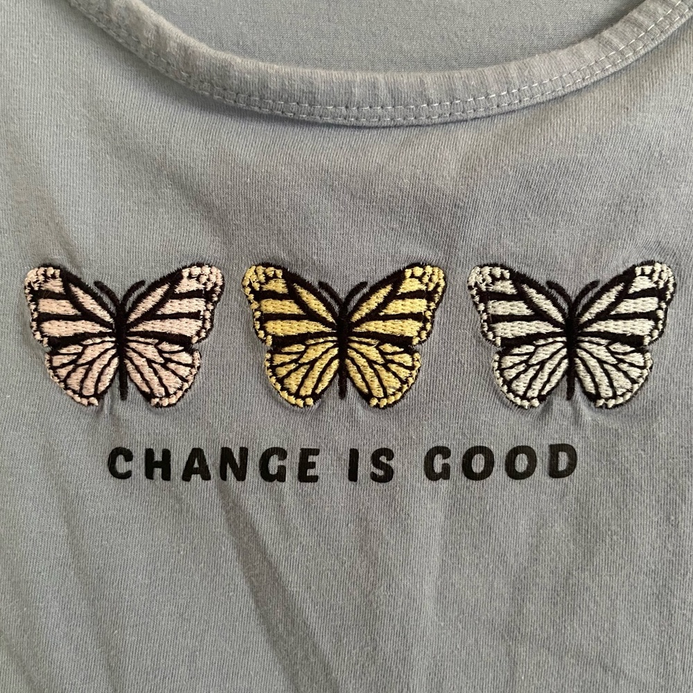 Light blue “Change is Good” butterfly crop top/baby tee